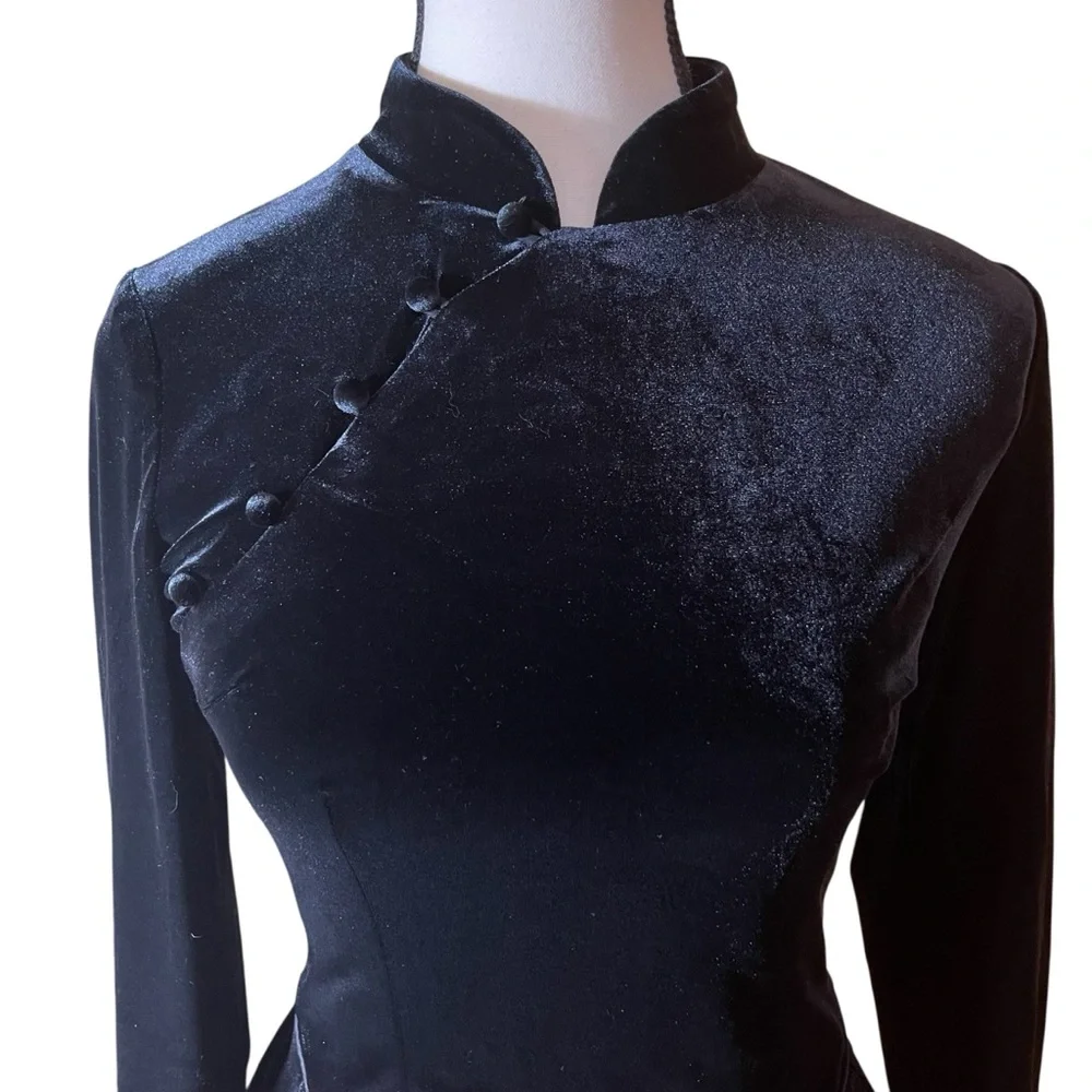 S Black Velvet Mandarin Collar Peplum Top Asian Inspired Back Zip - Picture 4 of 12